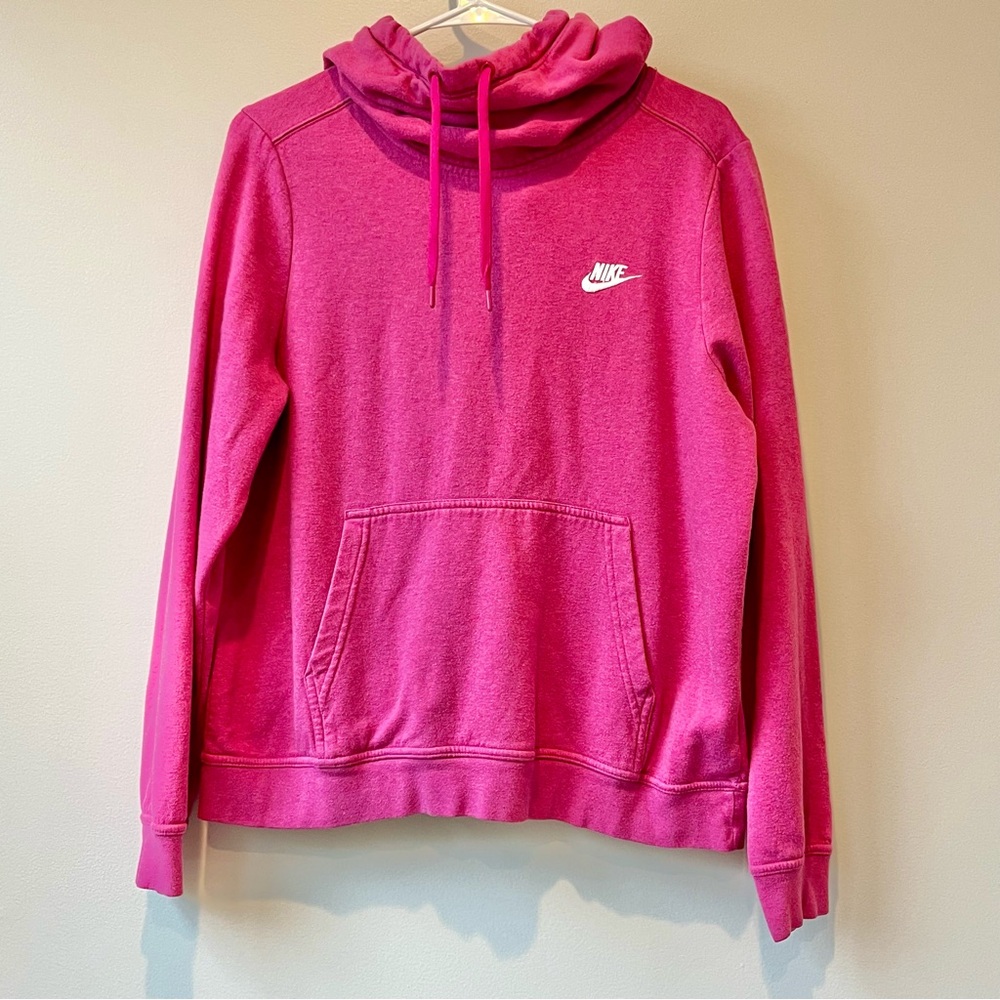 Nike Pink Pullover Hoodie With Kangaroo Pocket & Funnel Cowl Neck Women’s L VTG